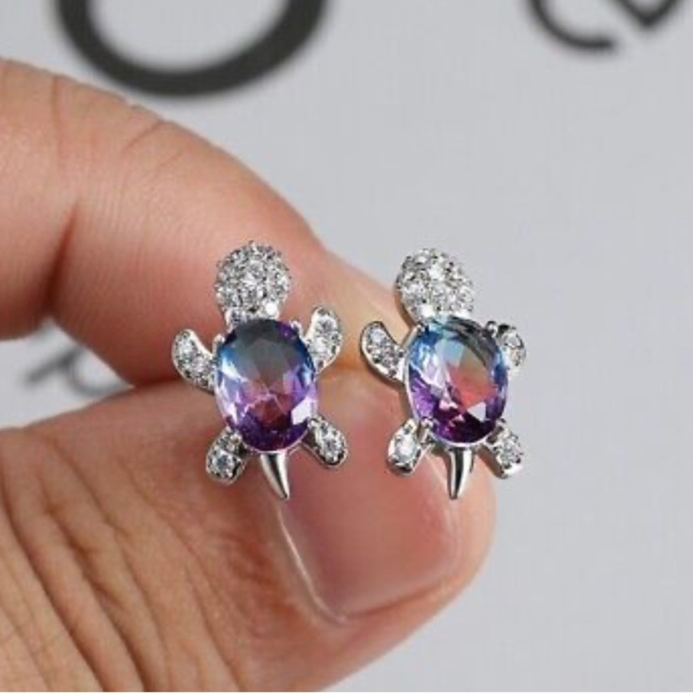 TURTLES Crystal Bling Pink & Purple 3 pc Silver Necklace and Earring Set… - Picture 5 of 5